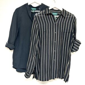 Lot (2) Lauren Ralph Lauren Silk Button Front Shirt Blouse Black Tan Stripe L